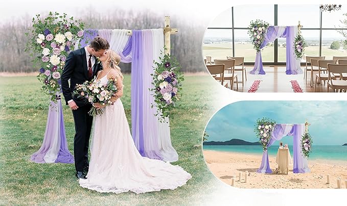Ting's time Wedding Arch Flowers Kit (Set of 5) 2 Pcs Purple Artificial Flower Arrangement 3 Pcs Arch Draping Fabric for Wedding Ceremony Arbor and Reception Backdrop Decoration(Lilac&White)