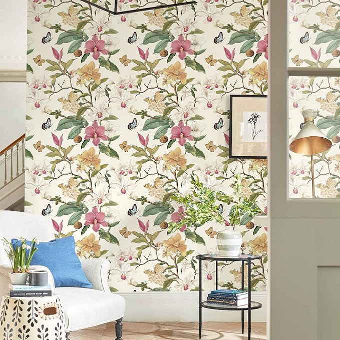Vintage Floral Peel and Stick Wallpaper Floral Contact Paper 16.9inchx196.8inch Multicolor Flowers Butterfly Wallpaper Leaf Boho Self Adhesive Removable Wall Paper for Bedroom Decorative