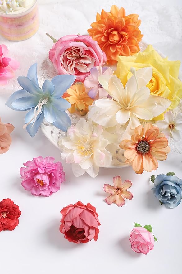 Fake Flower Heads for Crafts - Multi Silk Artificial Roses, Peonies, Daisies & Mini Floral Heads Bulk (48-Pack) for Wedding Decor, Graduation Cap, Cake Topper, Baby Shower, Home Decoration