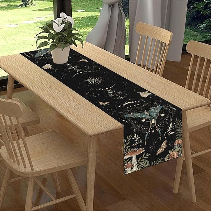 Gothic Moth Table Runner, Boho Gothic Sun Moon Phase Mystical Mushroom Floral Witchy Farmhouse Coffee Table Center Decor for Home Kitchen Dining Patio Holiday Party Table Decorations 13x72 inches