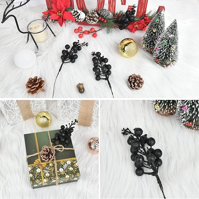 DearHouse 14 Pack Christmas Glitter Berries Stems, 7.8Inch Artificial Christmas Picks for Christmas Tree Ornaments, DIY Xmas Wreath, Crafts, Holiday and Home Decor (Black)