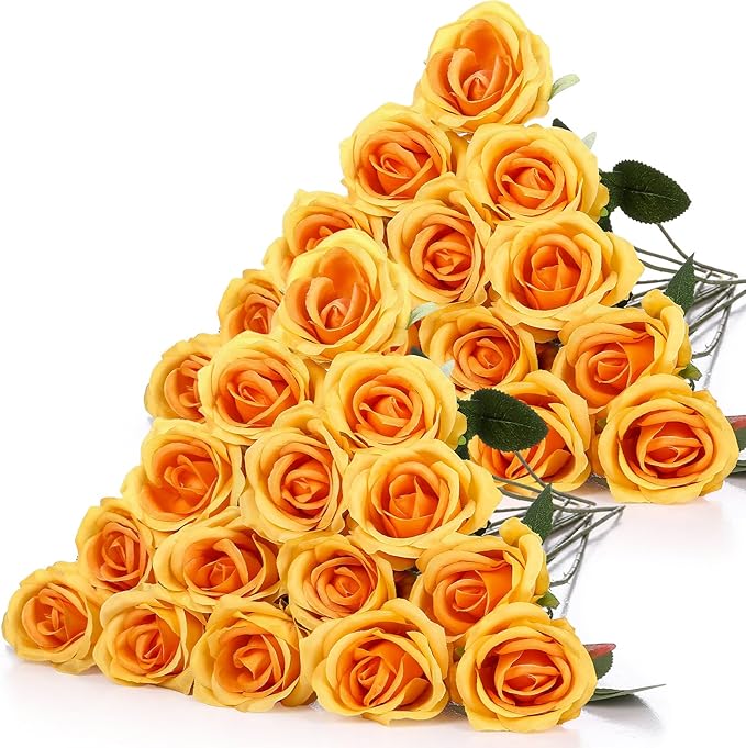 Hotop 40 Pcs Rose Artificial Flowers Bulk with Long Stem,Realistic Silk Fake Roses Bouquet for Home Wedding Centerpieces Party Table Decoration Valentines Gifts(Orange)