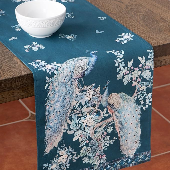 Maison d' Hermine Tablerunners 100% Combed Cotton Premium Table Runner Decorative Table Cover, Home, Kitchen & Camping, Peacock Utopia - Deep Sea, Double Layer - (14.5"x72")