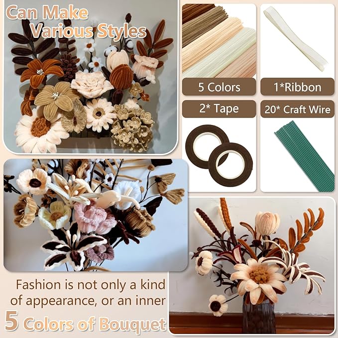 400 Pcs Pipe Cleaners Craft,5 Assorted Colors Pipe Cleaners Bulk, Chenille Stems for DIY Flower Making Kit with Floral Wires, Gardening Tape,Stamen& Ribbon (Brown)