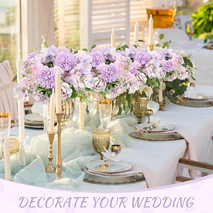 Lyrow 8 Pcs Peony Artificial Flowers Fake Silk Hydrangea Bouquet Elegant Peony Flowers for Wedding Decoration Faux Realistic Floral for Home Party Table Centerpieces Arrangement (Light Purple)
