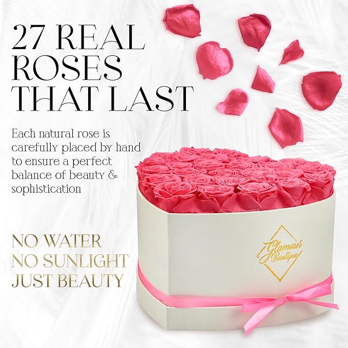 GLAMOUR BOUTIQUE Preserved Roses in a Box - Gifts for Her, Wife & Mom, Rose Flowers Forever Decor for Birthday Gift, Get Well Flower Bouquet Cased in White Box with Cover - Pink - 27-Piece