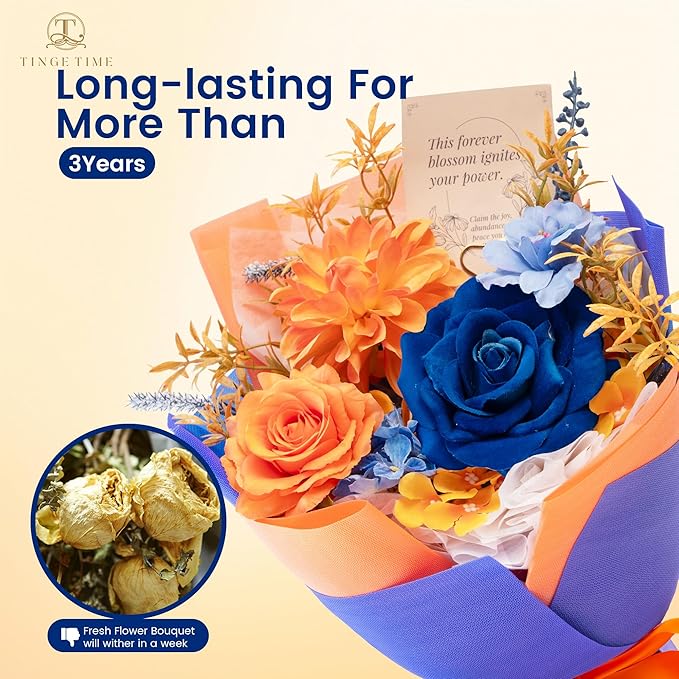 TINGE TIME Preserved Flowers Bouquet, Orange & Navy Blue Roses Gift Bouquet, Aritifical Flowers Gifts for Women, Eternal Roses Bouquet for Wife Anniversary Christmas Anniversary Home Décor