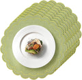 Set of 8 Cotton Linen Placemats, 15x15 Scalloped Flower Embroidery Cloth Table Mats Double Layered Fabric Machine Washable Wrinkle Free Dining Placemat for Hotel Restaurant Kitchen Decor, Green