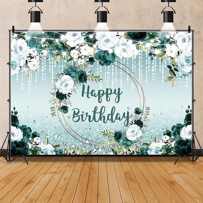 Renaiss 8x6ft Floral Happy Birthday Backdrop for Woman Fabric Green White Flowers Blooming Flower Photography Background Shinning Diamond Photo Backdrops for Birthday Party Supply