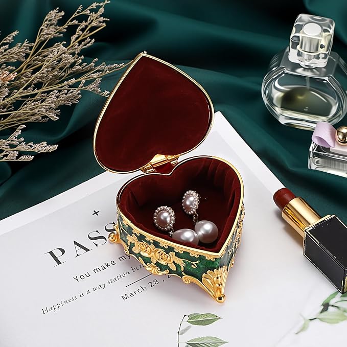 Hipiwe Vintage Jewelry Storage Box Heart Shaped Trinket Box Green Decorative Keepsake Box with Rose Pattern Treasure Organizer Holder for Women
