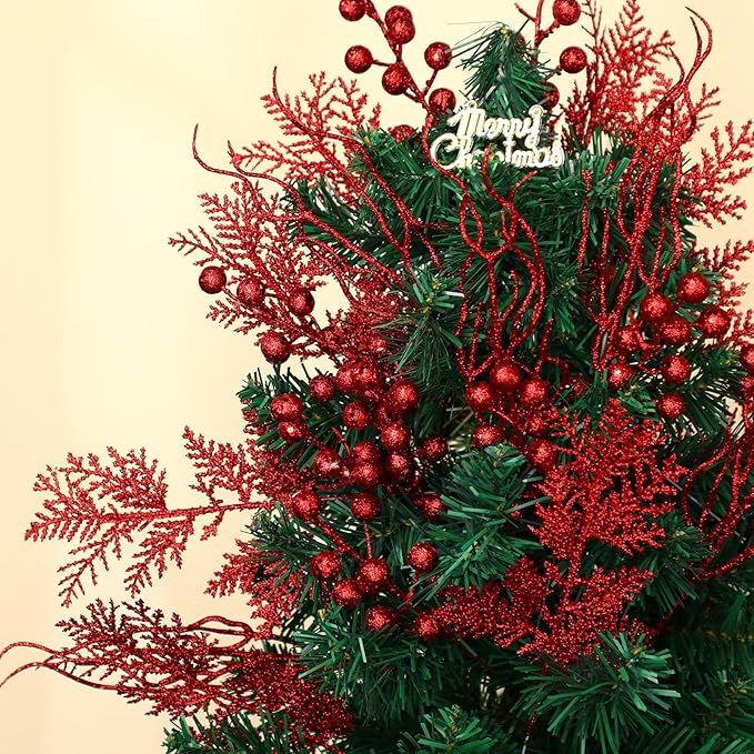 75 Pcs Christmas Glitter Branches 3 Styles Artificial Christmas Picks Berries Stems Pine Needles Floral Twig Spray for Xmas Tree Ornaments DIY Wreath Garland(Red)