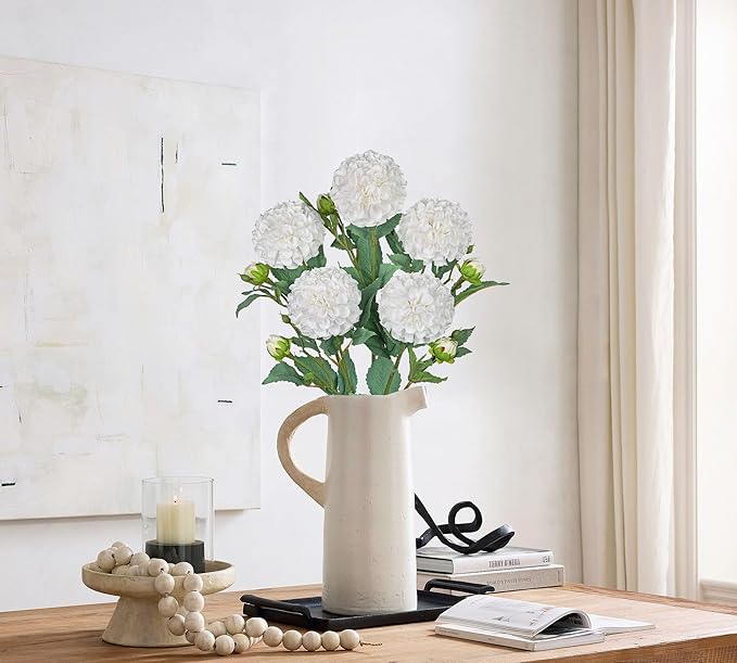 Hollyone 5PCS Dahlia Artificial Flowers 24.8" Cream White Fake Ball Dahlias Silk Flowers Faux Roses Flower with Long Stems for DIY Wedding Bouquets Centerpieces Arrangements Bridal Shower Home Decor
