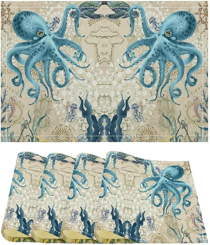 Nautical Placemats Beach Ocean Starfish Seashell Octopus Art Printed Dining Table Mats Set of 4 for Restaurant Home Kitchen Holiday Picnic Party Decor 12x18in