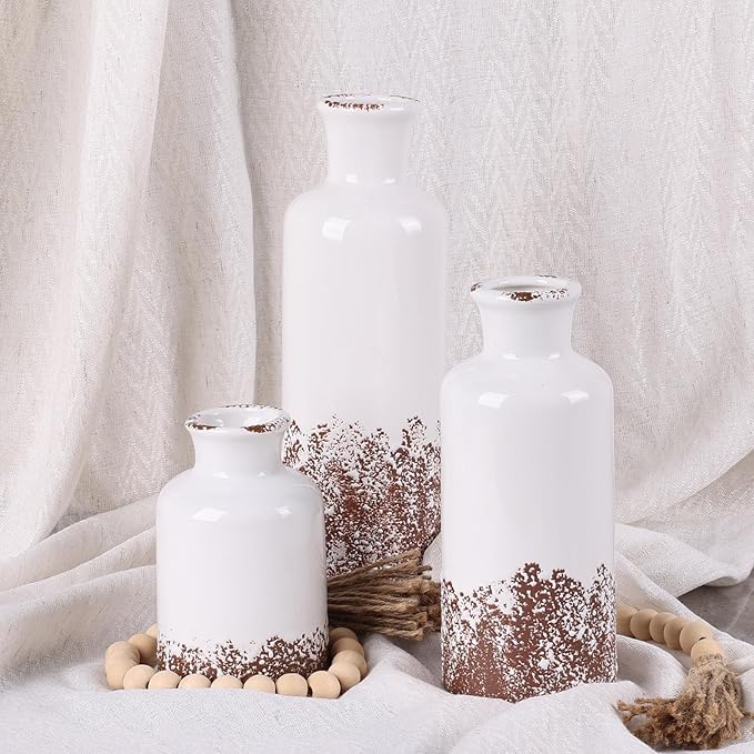 Ceramic Vase Set of 3 - Modern Decorative Vases for Home Decor, Rustic Farmhouse Boho Vases for Living Room, Mantel, Dining Table, Bookshelf, Kitchen or Entryway Decoration