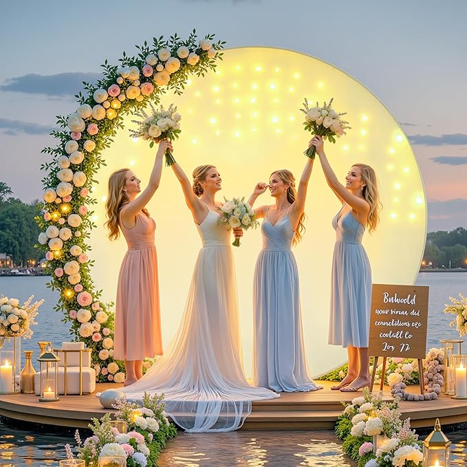 7.2 FT Beige Round Backdrop Cover with Lights String for Circle Arch Stand Circle Backdrop Covers with LED Fairy Lights for Wedding Arch Bridal Baby Shower Birthday Party Photo Photography Background