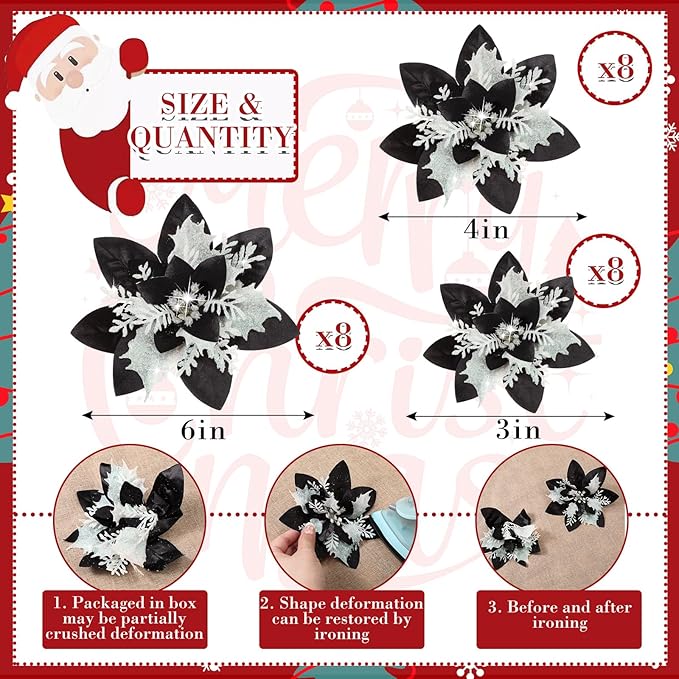 24 Christmas Glitter Artificial Poinsettia Flowers Xmas Poinsettia Artificial Wedding Flowers Decorations Xmas Tree Ornaments with Clips for Party Favors, 6 Inch, 4 Inch, 3 Inch (Black White, Gold)