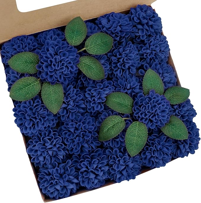 Artificial Flowers, 50pcs Realistic Artificial Rose for DIY Wedding Bouquets Centerpieces Arrangements, Blue Dahlia Flowers with Stem for Bridal Shower Party Home Decorations