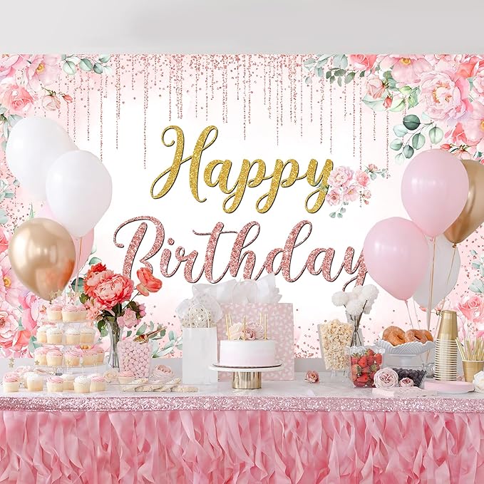 Avezano Happy Birthday Backdrop Banner for Girls Women Happy Birthday Banner Floral Glitters Happy Bday Background Party Supplies 70.8 x 43.3 Inch