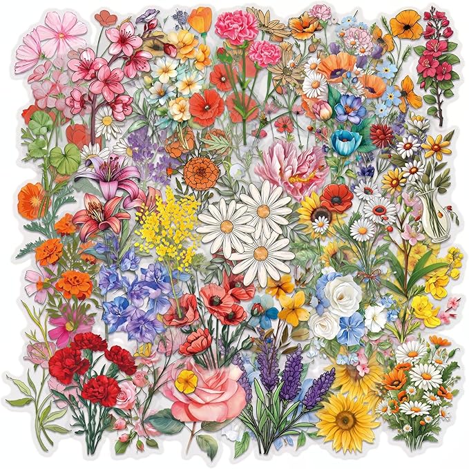 60 Pcs Watercolor Flower Sticker, Self-Adhesive Flowers Stickers Transparent Waterproof PET Floral Decals for Journaling, Scrapbooking, Laptop, Guitar, Water Bottle, Phone Case Aesthetic Decoration