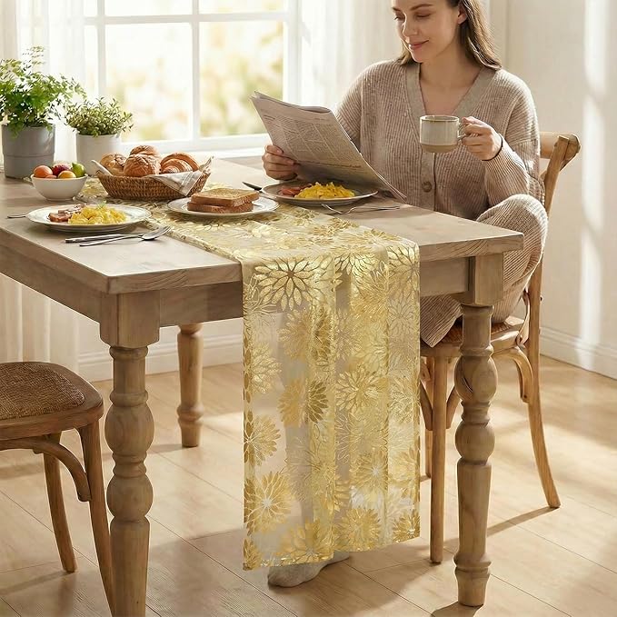 Artoid Mode Yellow Gold Dahlia Flower Gauze Table Runner 120 Inch 10FT, Glitter Metallic Foil Sheer Cheesecloth Dining Holiday Table Decor for Home Party