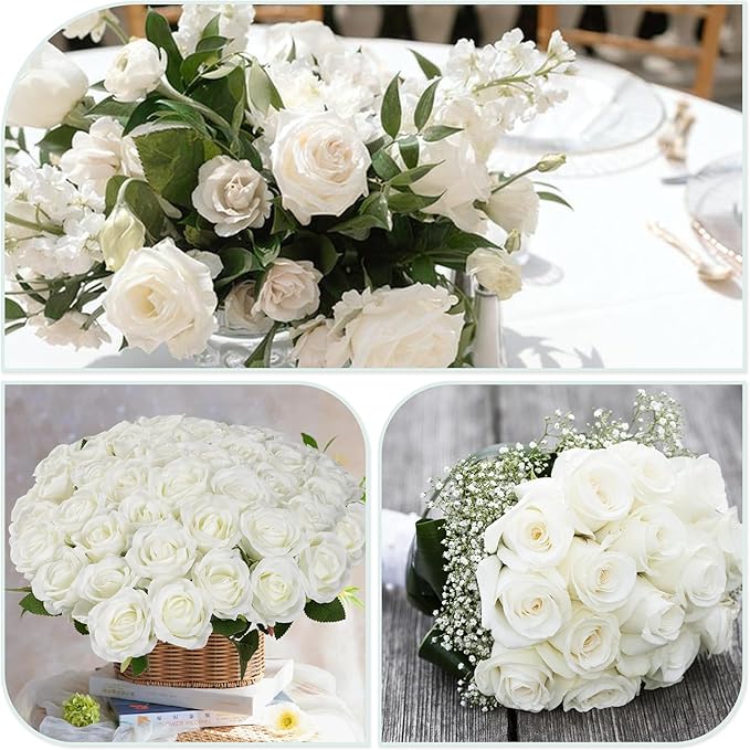 White Roses Artificial Flowers Bulk, 52Pcs Fake Roses White Flowers, DIY Silk Faux Roses Bouquet, Realistic White Faux Flowers Mohter's Day Valentine's Day Decor