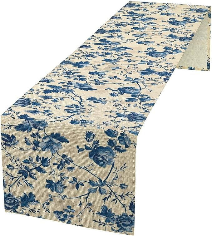 Vintage Floral Table Runner, Retro Blue Flowers Farmhouse Design Table Runner for Kitchen Dining Holiday Party Decor, 13x60 Inch