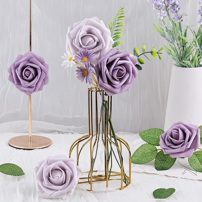 AmyHomie 25pcs Real Looking Artificial Pale Lavender Roses w/Stem for DIY Wedding Bouquets Centerpieces Arrangements Party Baby Shower Valentines Day Christmas Tree Decorations