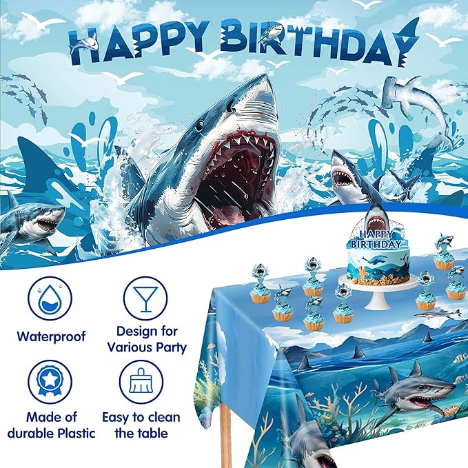 Shark Birthday Party Decorations For Women Men,Happy Birthday Banner,Blue Balloon Arch Kit,Sharks Foil Balloons,Cake toppers