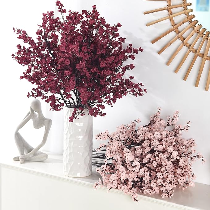 15PCS Artificial Baby Breath Flowers Fake Silk Real Touch DIY Floral Bouquets Decor Wedding Party Decoration Arrangements-Burgundy