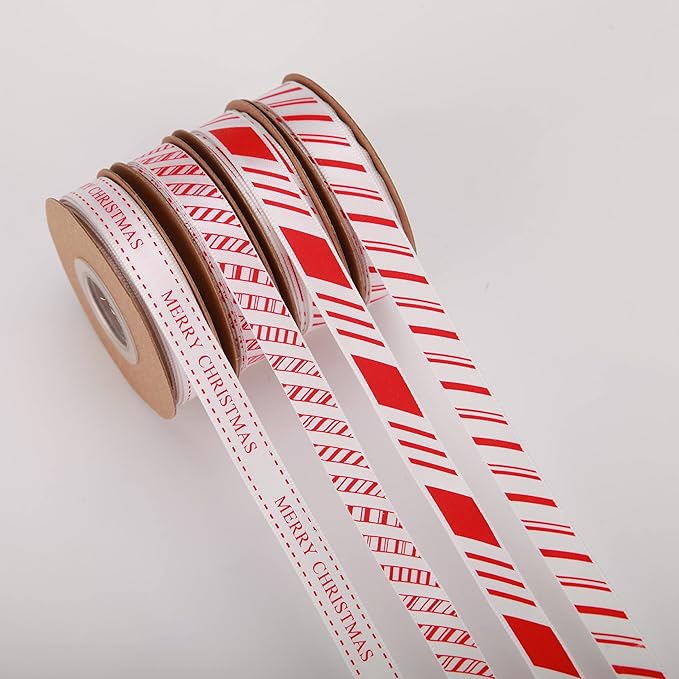 4 Rolls Total 40 Yards Red Striped Ribbon 3/8 Inch Christmas Candy Cane Ribbons Use for Christmas Gift Wrapping, Party Decoration,All Crafting and Sewing (3/8inch, red)