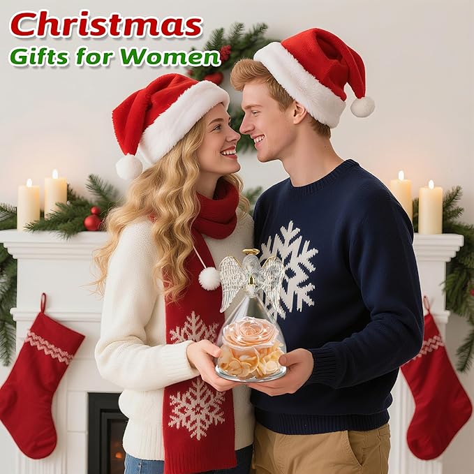 Yamonic Mom Birthday Gifts for Mom,Angel Figurines with Real Rose Gifts for Her Women Grandma, Preserved Flowers Rose Angel Figurines for Mothers Day Christmas Anniversary Wife Gifts(Pearl Champagne)