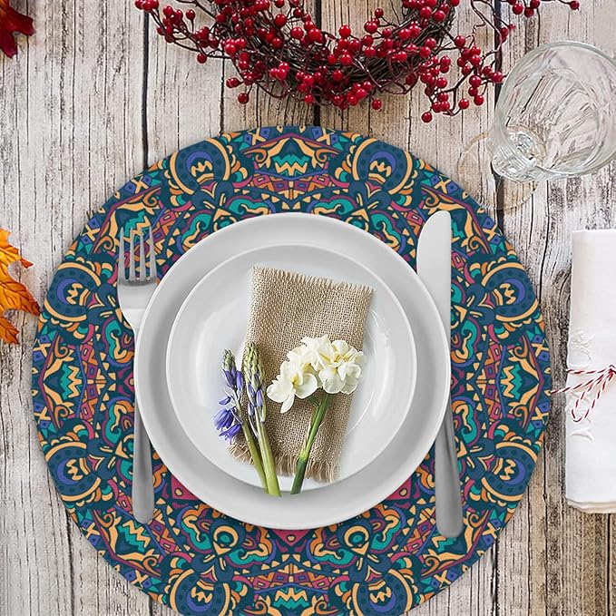 Mandala Round Placemat Set of 4 Elegant Linen Table Mats for Dining, Heat Resistant, Stain Resistant Perfect for Dinner Parties, Restaurants, and Everyday Use
