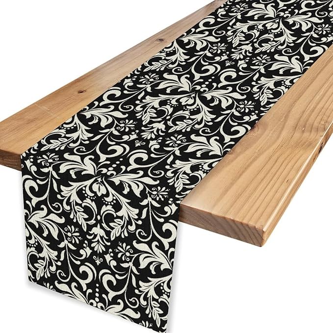 Black Damask Table Runner, Rustic Vintage Floral Antique Victorian Style Print Table Decor for Home Kitchen Dining Patio Holiday Party Indoor Outdoor Table Decorations 13x108 inch