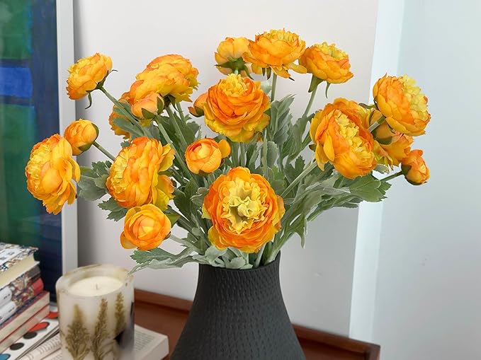 7 pcs Orange Peonies Artificial Flowers, Fake Ranunculus for for vase, Fake Silk Flowers for Home Table Centerpiece Office Desk Farmhouse Kitchen Dining Coffee Table Decoration (Light Orange)