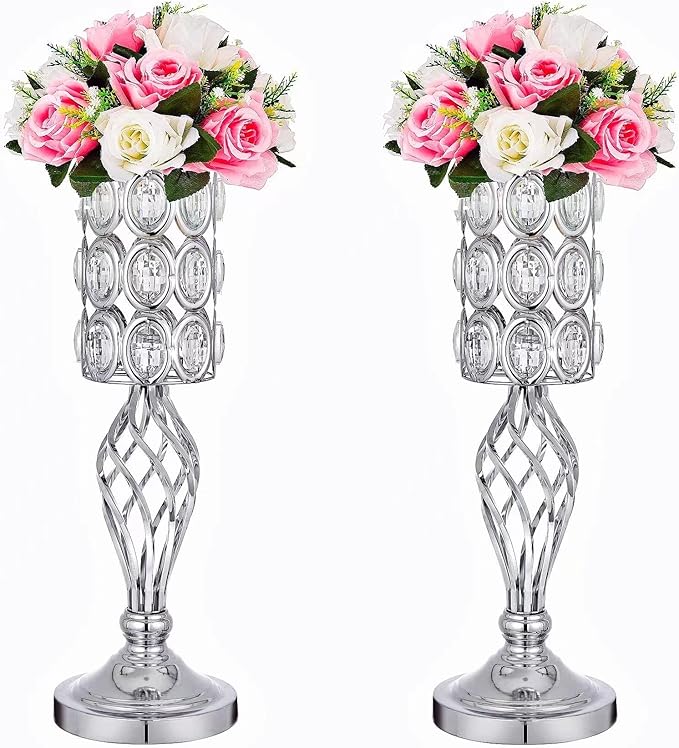 20in Metal Crystal Wedding Centerpiece Vases for Tables Set of 2, Silver Trumpet Flower Vase Stands for Wedding Party Reception Dining Room Living Room Décor