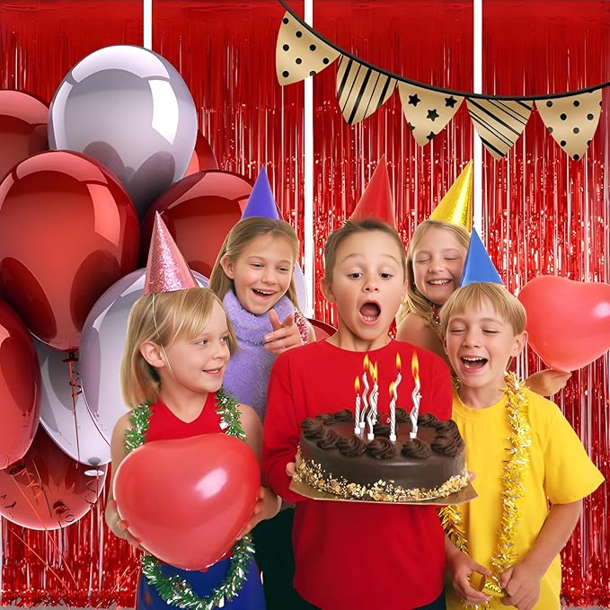 Keyali 4 Pack 3.3 * 8.3 ft Foil Curtain Metallic Tinsel Fringe Curtains Photo Booth Props Backdrop for Birthday Wedding Engagement Baby Shower Christmas Holiday Celebration Partyl,Red