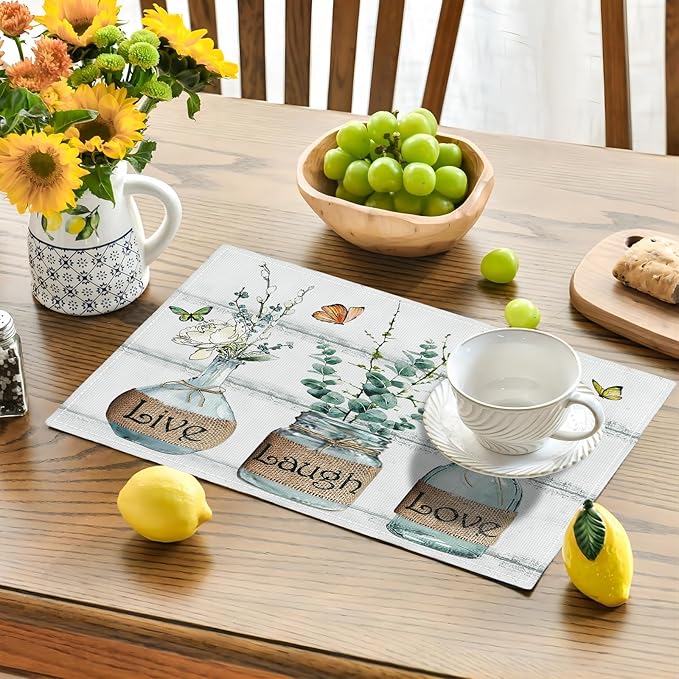 Eucalyptus Placemats Set of 6 Farmhouse Green Botanical Table Mats Washable Place mats for Home Party Indoor Kitchen Dining Table Decoration 12x18 Inch