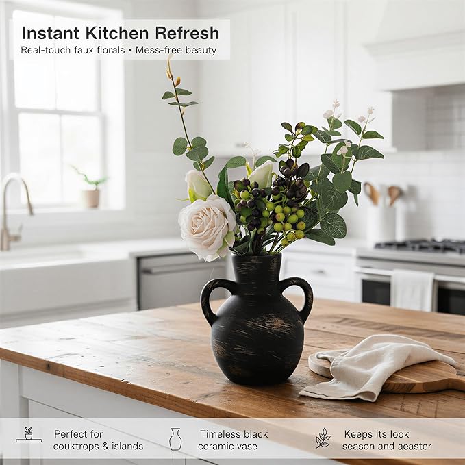7.1-Inch Black Ceramic Flower Vase with Handles, Rustic Farmhouse Boho Pottery Decor for Table, Living Room & Shelf