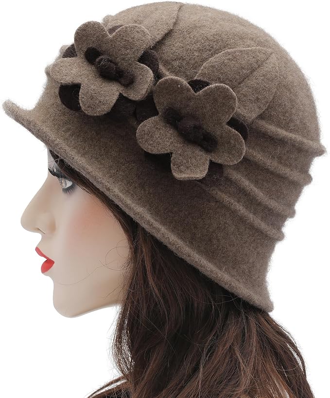 ZLYC Women Wool Cloche Bucket Hat 1920s Vintage Dress Winter Hats with Flower Accent