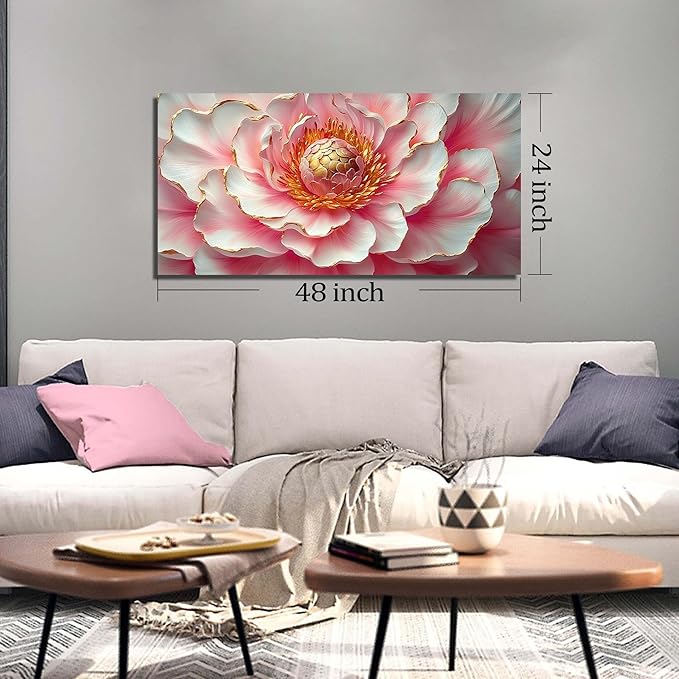 Pink & White Peony Floral Canvas Wall Art with Gold Accents, Abstract Flower Pictures for Living Room Bedroom Wall Decor, Horizontal Printed Painting Artwork Home Decorations, Size 48x24 Inches