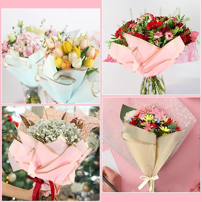 Yahenda 420 Sheet Flower Wrapping Papers Flower Bouquet Paper with Gold Edge Korean Style Bouquet Wrapping for Floral Supplies Wedding Anniversary DIY Gifts, 23 x 23 Inch(Chic Color)