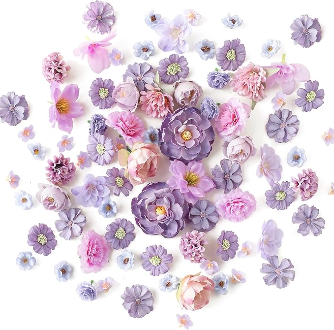 Floroom Mini Artificial Flower Heads Lavender & Purple Fake Peony Daisy Rose Multicolor Small Faux Silk Flower Heads for Cake Craft Garland Wedding Party Graduation Cap DIY Home Decoration, 0.8"-3.6"