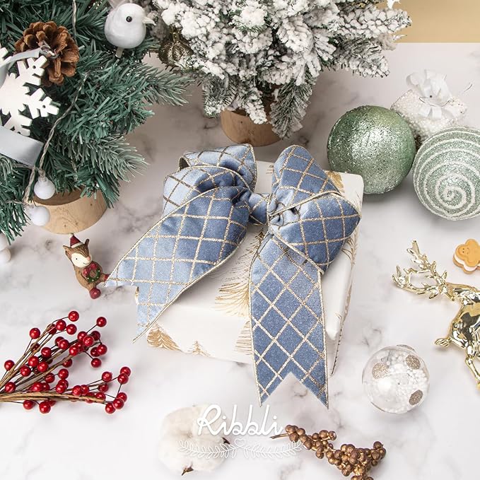 Ribbli Dusty Blue Velvet Ribbon Wired with Glitter Diamond Grid 2-1/2 Inch Christmas Ribbon for Christmas Tree Decoration Big Bow Gift Wrapping Crafts Wreaths Garland Supplies - 10 Yards