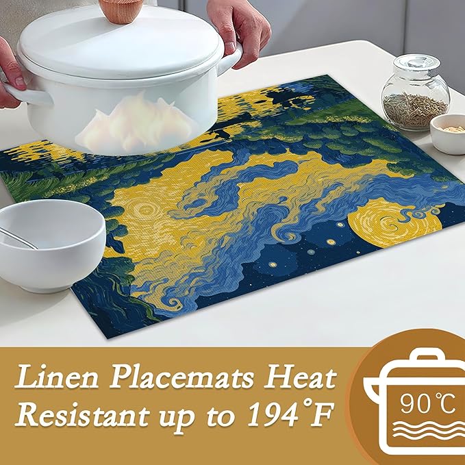 Van Gogh Style Watercolor Painting Placemats, 12 x 18 inch, Linen Placemat Kitchen Dining Room Decor Holiday Decor Rustic Vintage Waterproof Washable Placemat Set of 6