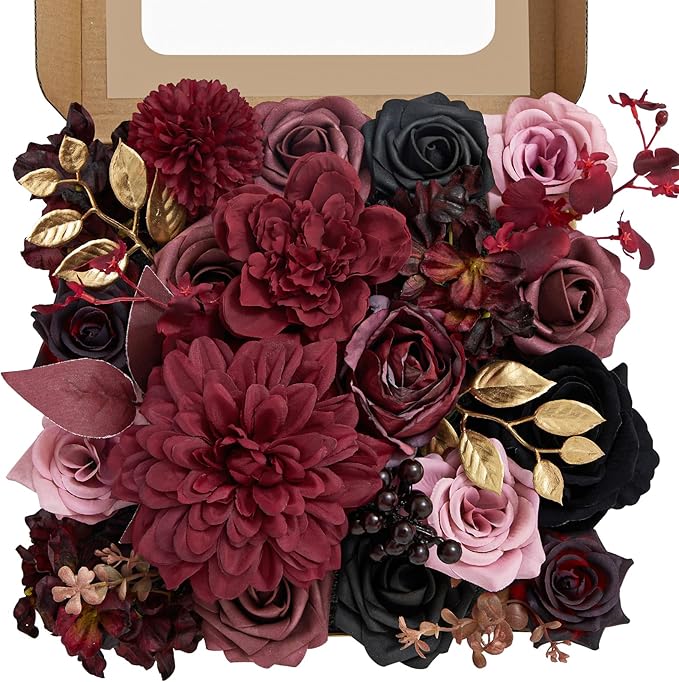 Artificial Flowers, Burgundy Silk Flowers for Centerpieces Decoration, Fake Cake Flowers for DIY Wedding Bridal Bouquets Home Party Floral Arrangement Decor