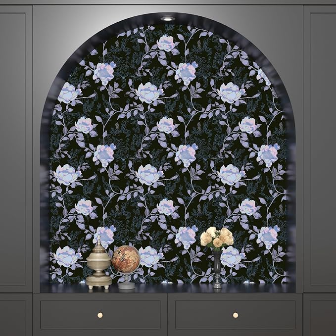 Black White Blue Floral Peel and Stick Wallpaper Flowers Contact Paper 17.5"x118" Self Adhesive Waterproof Vintage Dark Floral Wall Paper for Shelf Liner Cabinet Decor