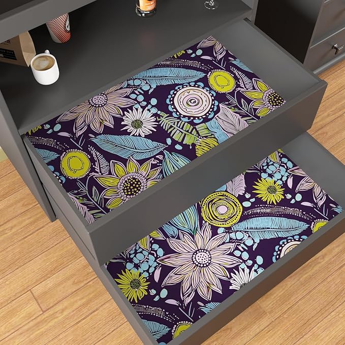Purple Boho Wallpaper Peel and Stick,Vintage Yellow Floral Contact Paper, Botanical Flowers Retro Bohemia Wall Paper Self Adhesive Removable Waterproof for Walls Shelves Cabinet Table 17.5" x 118"