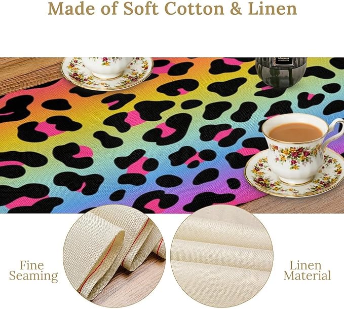 Rainbow Leopard Skin Print Table Runner, Wildlife Colorful Neon Cheetah Dots Dinner Runner Table Decoration for Farmhouse Home Kitchen Dining Table Party Holiday Decor 13x90in