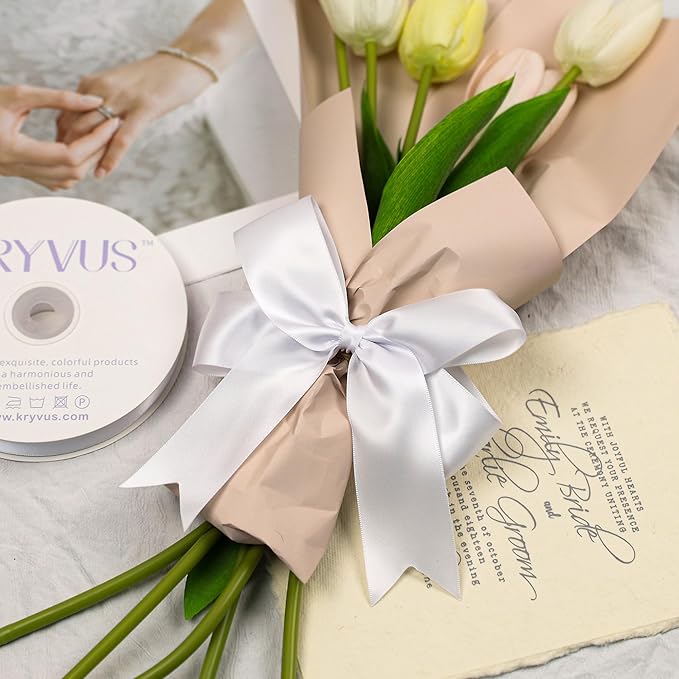White Satin Ribbon, Double Faced 1-1/2 Inch X 25 Yards White Ribbon, Premium Satin Ribbon for Gift Wrapping, Crafts, Hair Bow Making, Sewing, Flower Bouquet, Wedding Party Decor