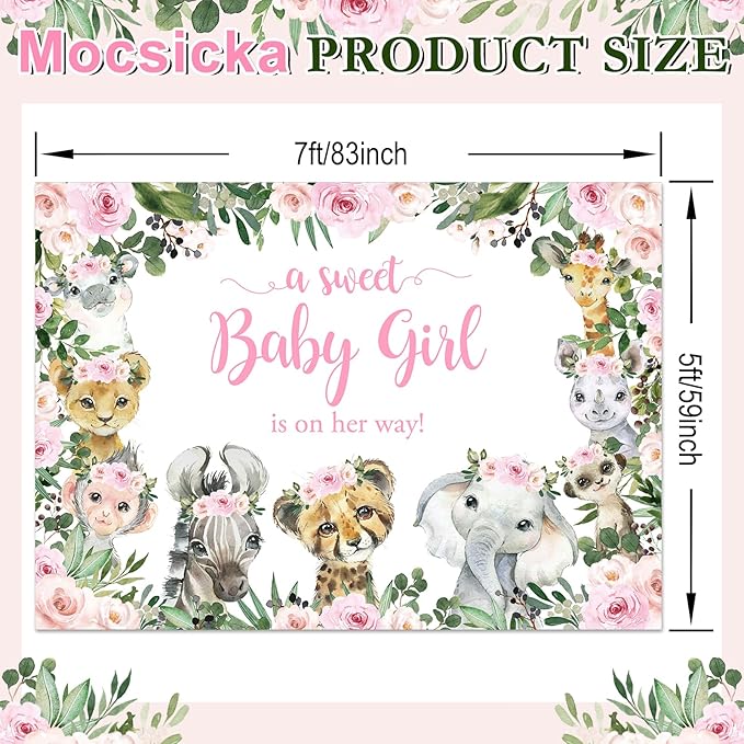 Mocsicka Girl Safari Baby Shower Backdrop Jungle Animals Sweet Baby Girl Background Pink Floral Greenery Baby Shower Party Cake Table Decoration Photo Booth Props (7x5ft)